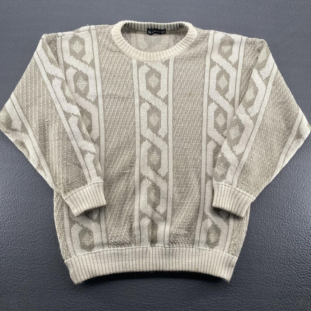Vintage St Michael Sweater Mens Large Beige Geometric Knit Crewneck Made‎ UK 80s